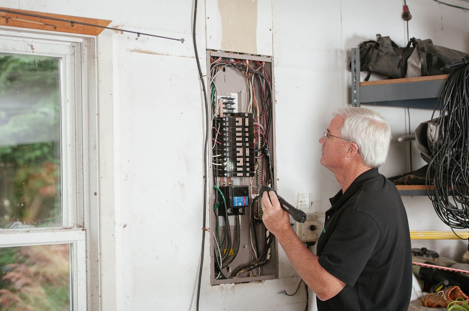 Electricista revisando un cuadro eléctrico con una linterna